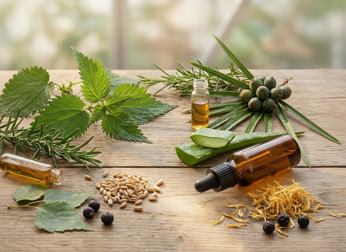Nettle, rosemary and other botanicals beside amber glass bottles on a wooden table