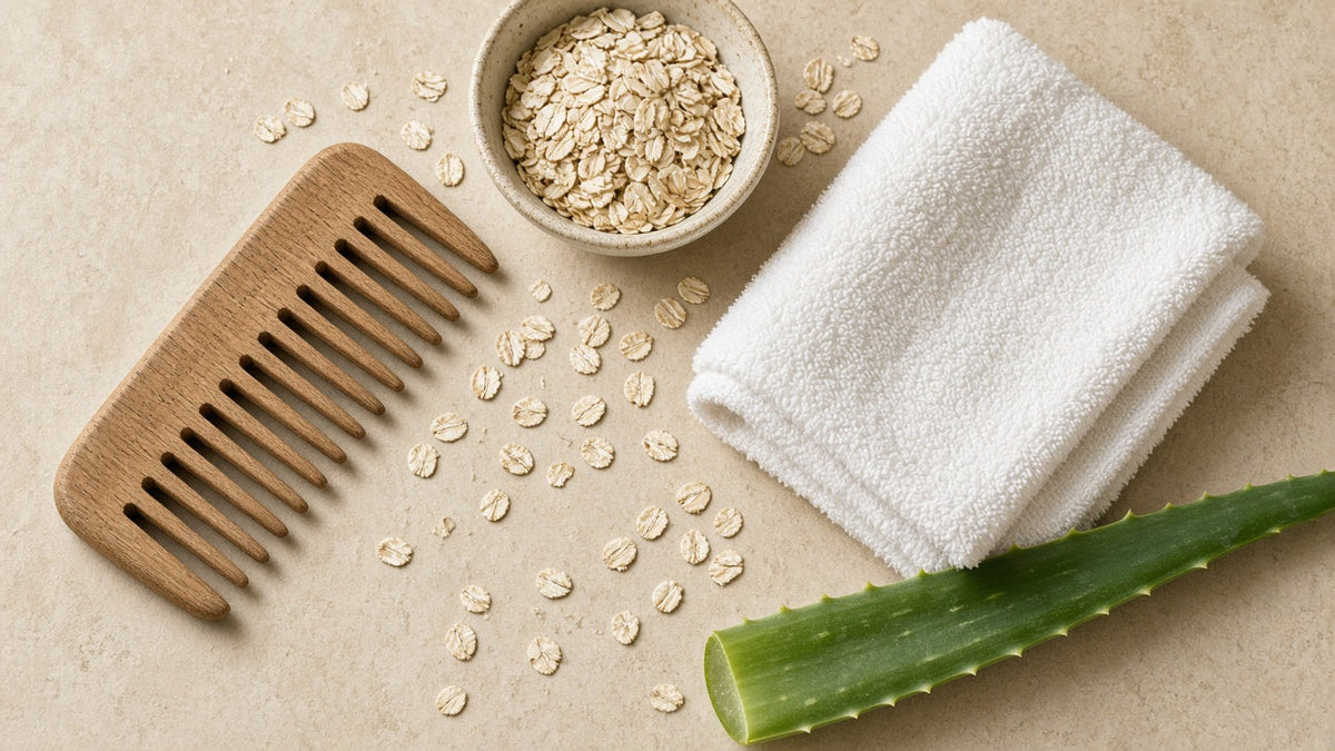 Wooden comb, white towel, oats and an aloe vera leaf on a neutral background