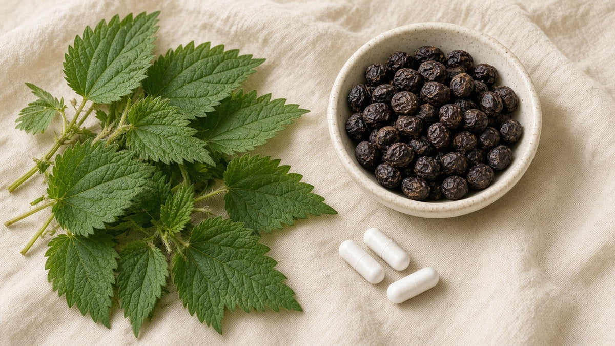 Fresh nettle leaves, saw palmetto berries and white biotin capsules on linen