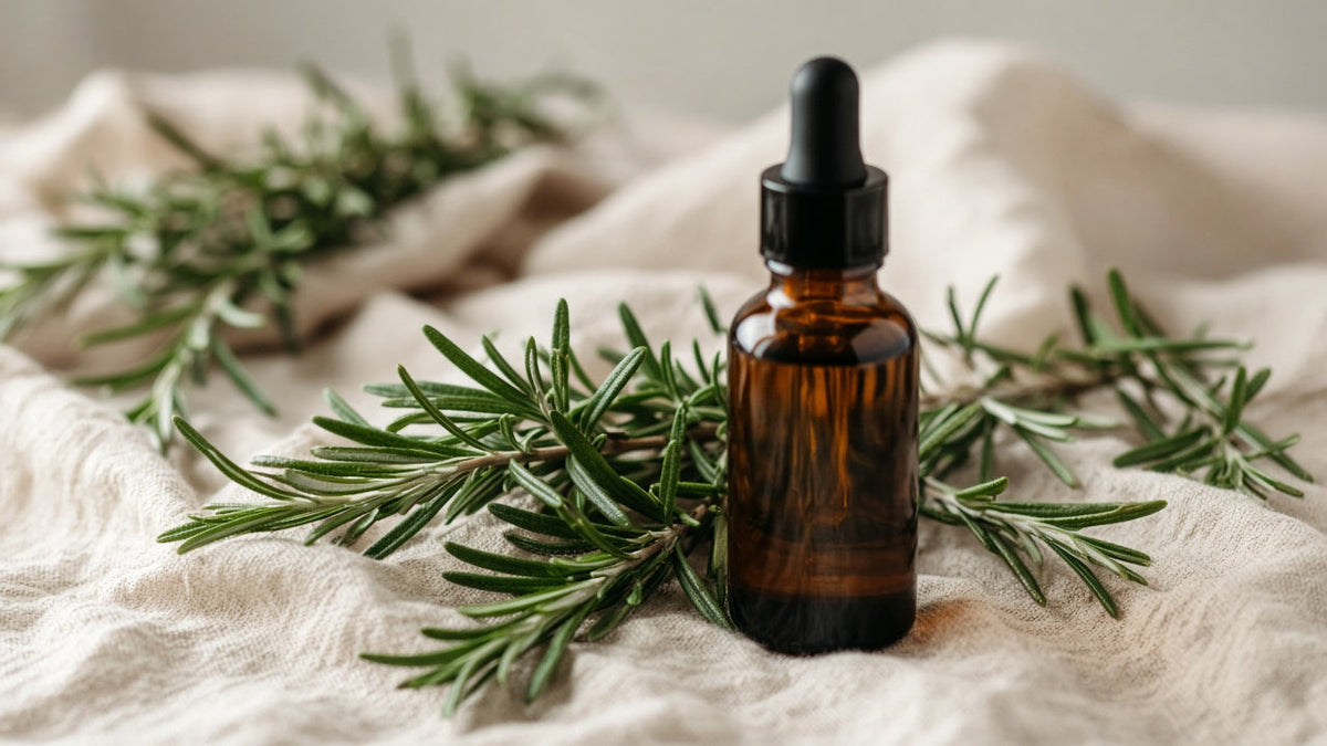 Amber dropper bottle of rosemary oil with fresh rosemary sprigs on soft linen