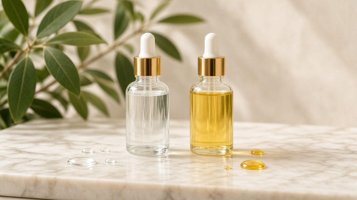 Clear scalp serum and golden scalp oil in dropper bottles on a marble surface