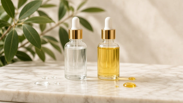 Clear scalp serum and golden scalp oil in dropper bottles on a marble surface