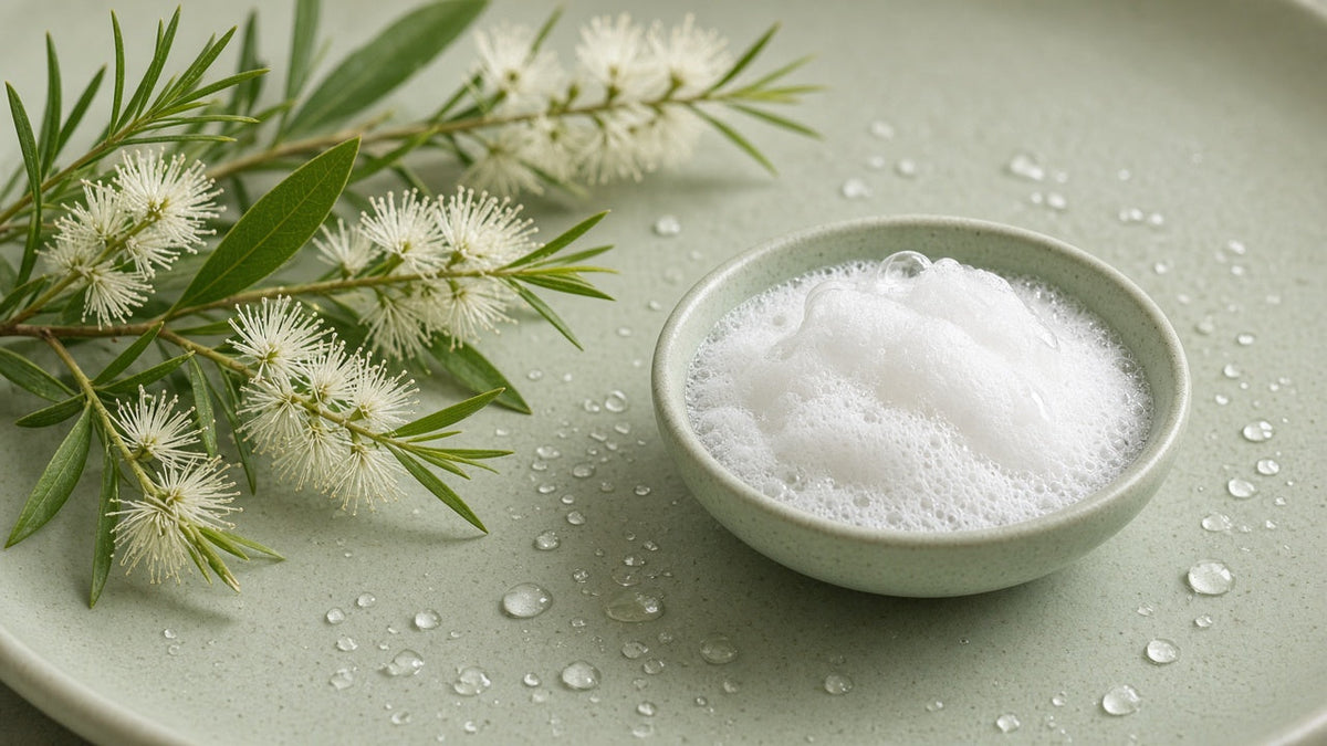 Flowering tea tree sprigs beside a bowl of white shampoo lather with water droplets