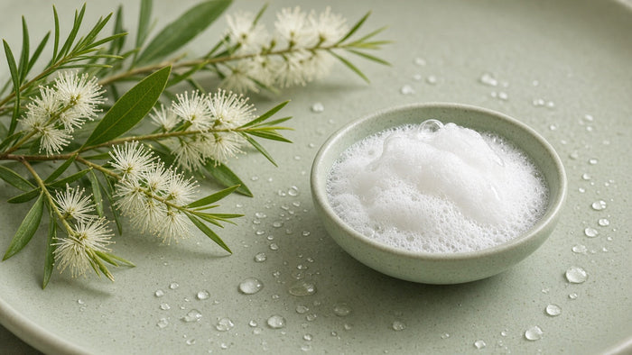 Flowering tea tree sprigs beside a bowl of white shampoo lather with water droplets