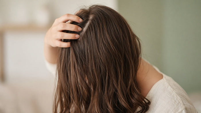 Woman with long brown hair running her fingers through her hair at the scalp