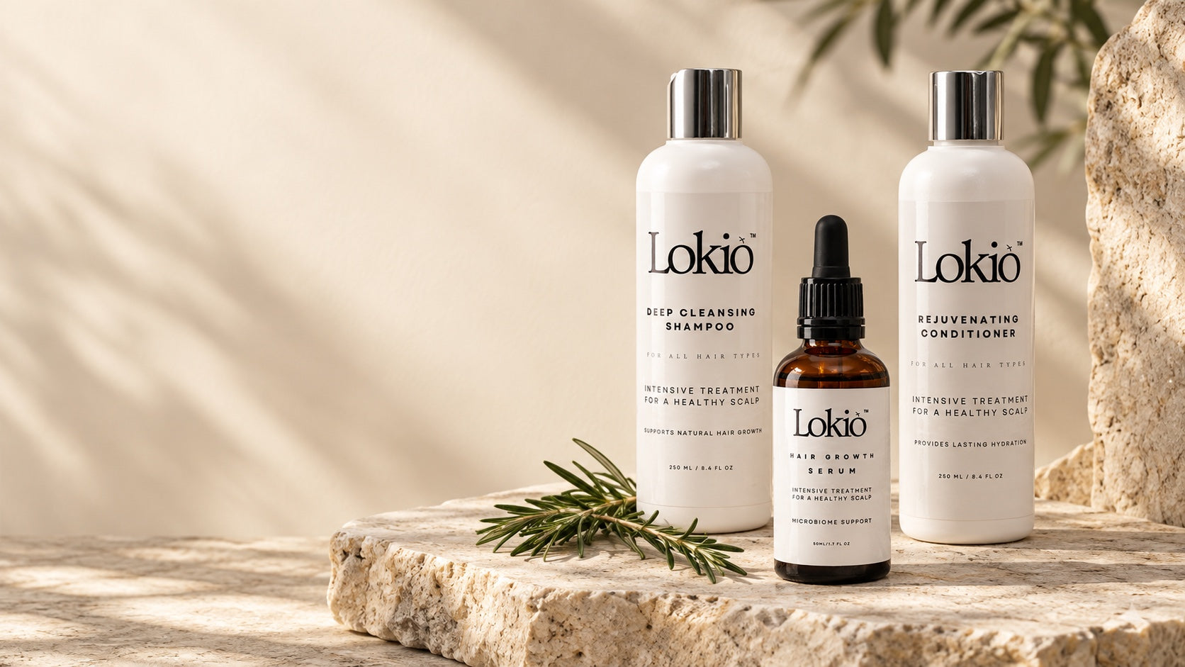Lokio shampoo, conditioner and scalp serum on warm stone