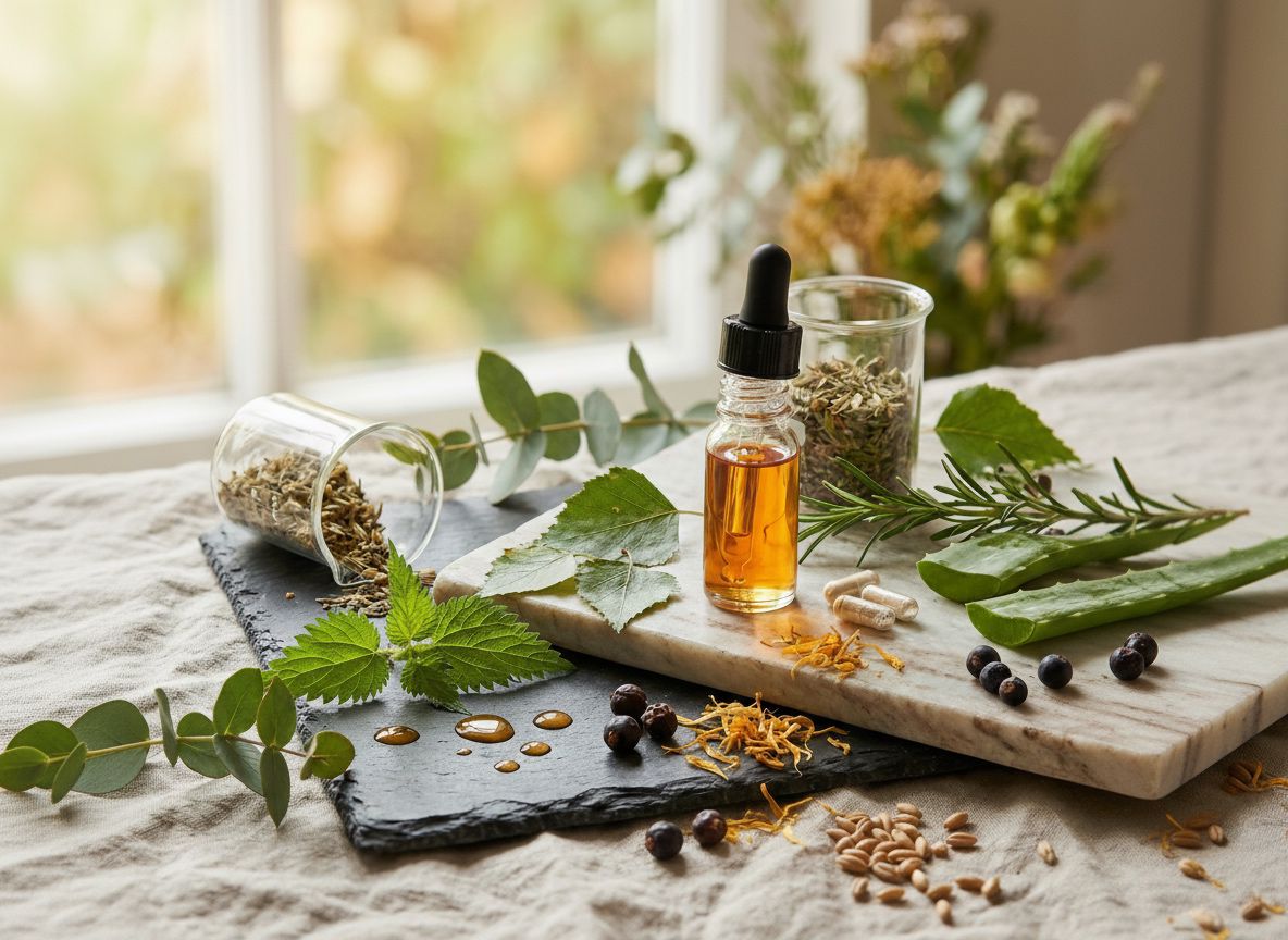 Amber glass dropper bottle with nettle, rosemary and aloe on a marble board